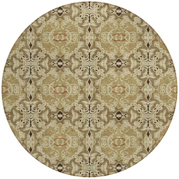 8' Brown Beige And Tan Round Medallion Washable Indoor Outdoor Area Rug