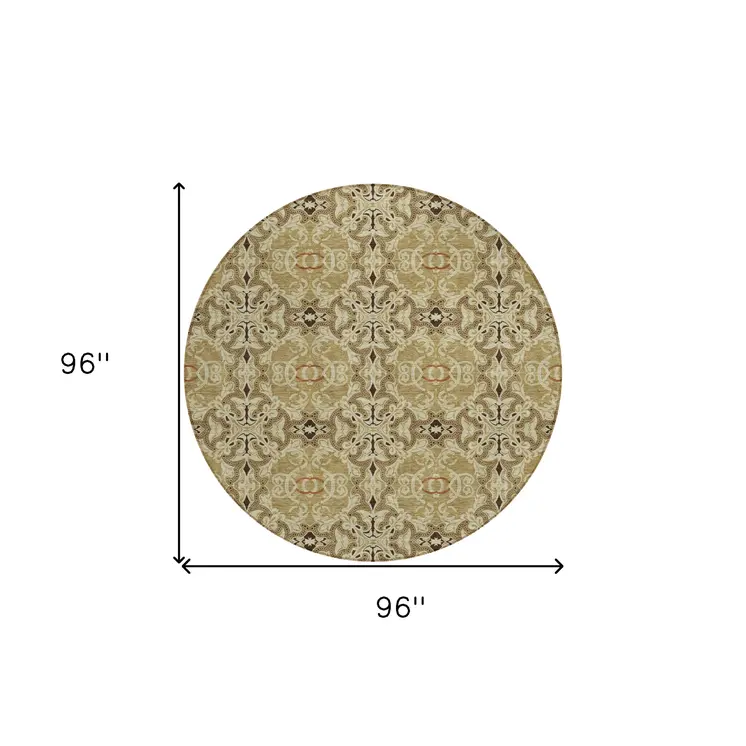 8' Brown Beige And Tan Round Medallion Washable Indoor Outdoor Area Rug