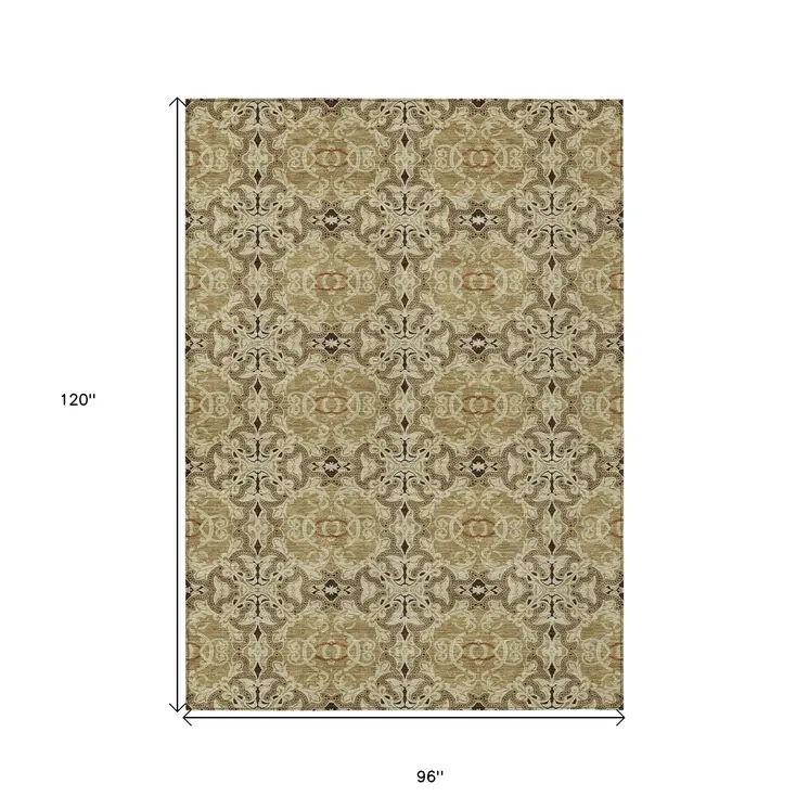 8' X 10' Brown Beige And Tan Medallion Washable Indoor Outdoor Area Rug