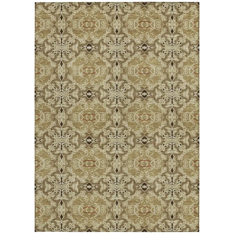 9' X 12' Brown Beige And Tan Medallion Washable Indoor Outdoor Area Rug