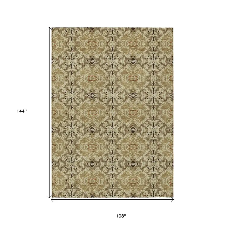 9' X 12' Brown Beige And Tan Medallion Washable Indoor Outdoor Area Rug