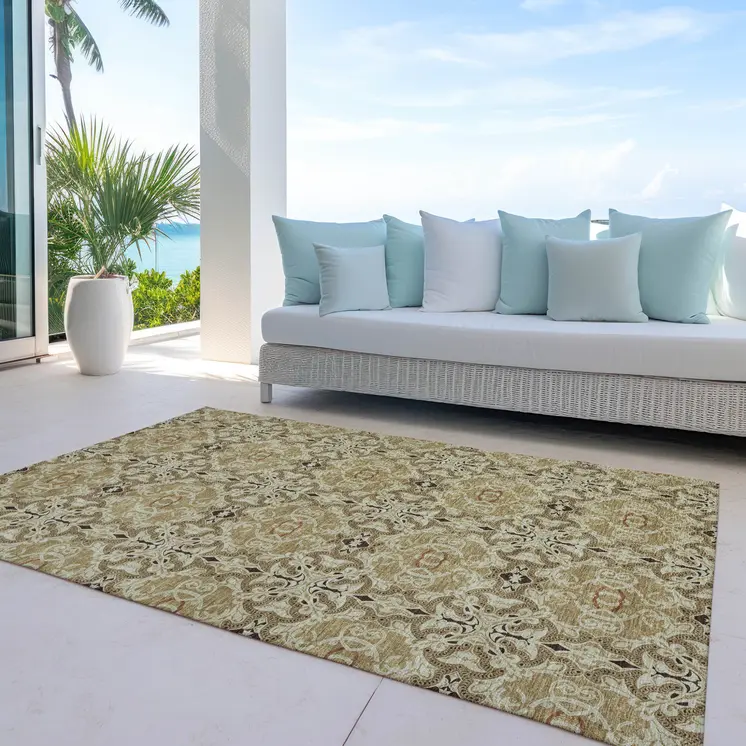 9' X 12' Brown Beige And Tan Medallion Washable Indoor Outdoor Area Rug