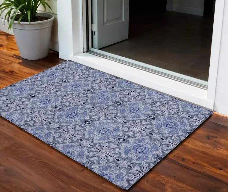 3' X 5' Navy Blue And Sky Blue Medallion Washable Indoor Outdoor Area Rug