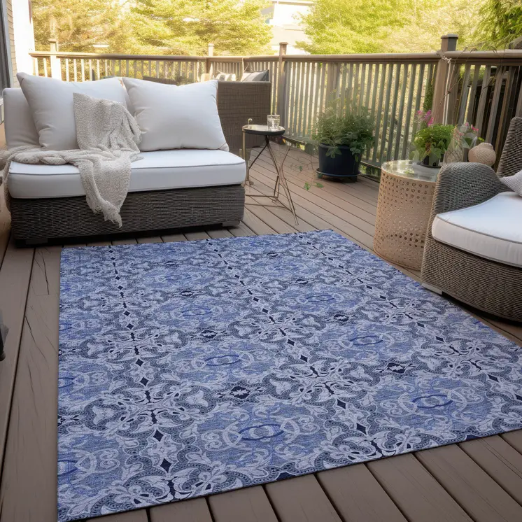 5' X 8' Navy Blue And Sky Blue Medallion Washable Indoor Outdoor Area Rug
