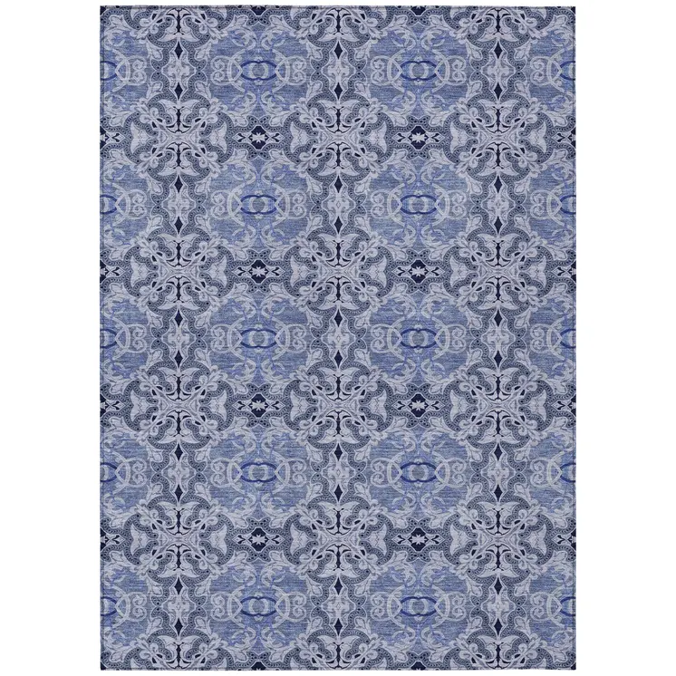 5' X 8' Navy Blue And Sky Blue Medallion Washable Indoor Outdoor Area Rug