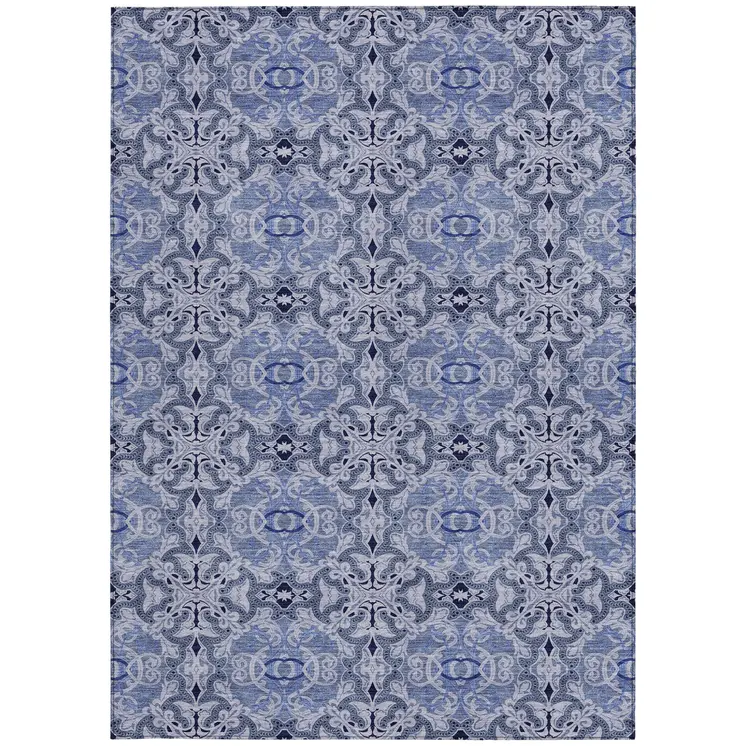 5' X 8' Navy Blue And Sky Blue Medallion Washable Indoor Outdoor Area Rug