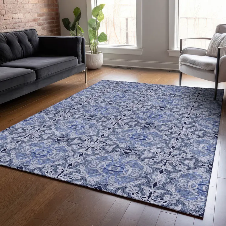 5' X 8' Navy Blue And Sky Blue Medallion Washable Indoor Outdoor Area Rug
