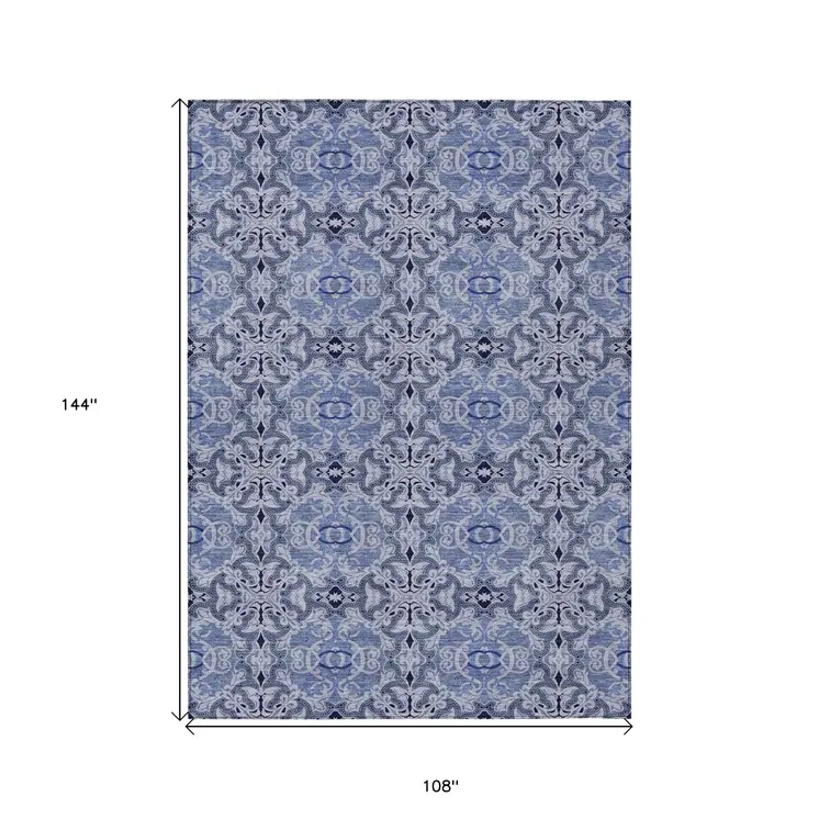 9' X 12' Navy Blue And Sky Blue Medallion Washable Indoor Outdoor Area Rug