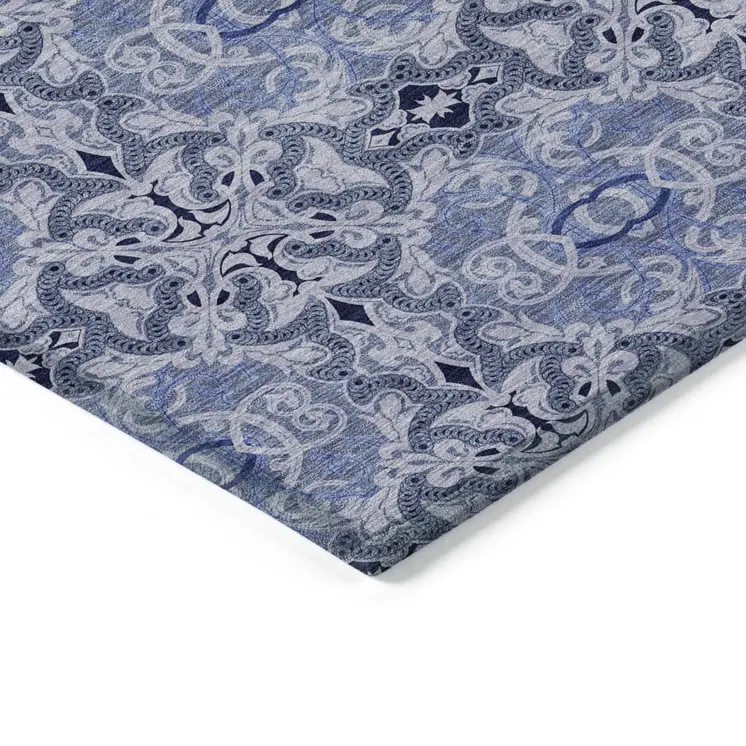 9' X 12' Navy Blue And Sky Blue Medallion Washable Indoor Outdoor Area Rug