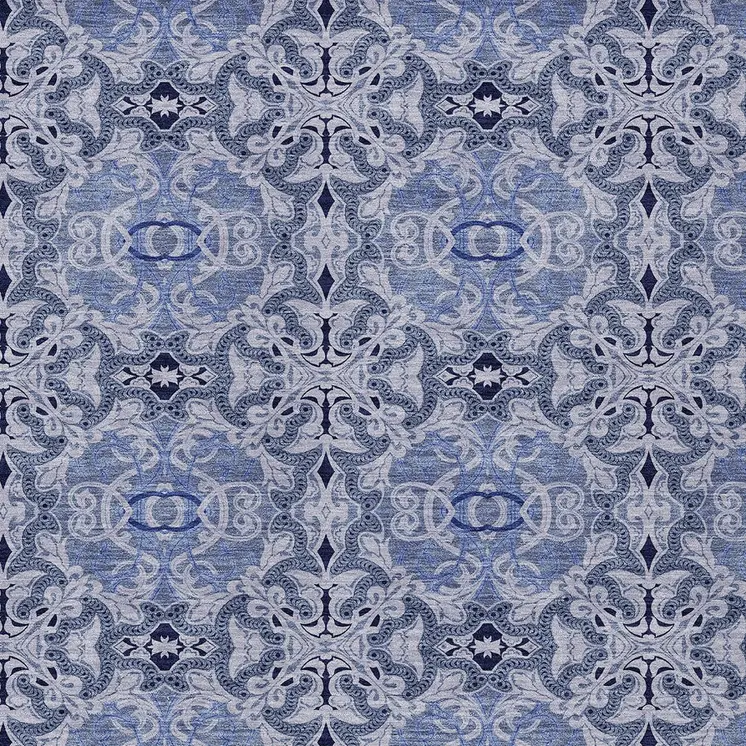 9' X 12' Navy Blue And Sky Blue Medallion Washable Indoor Outdoor Area Rug