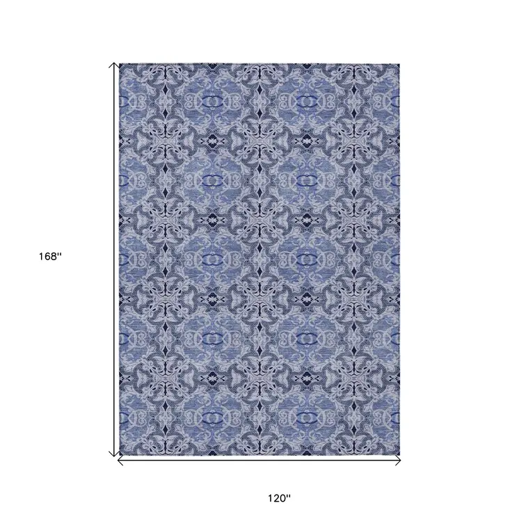 10' X 14' Navy Blue And Sky Blue Medallion Washable Indoor Outdoor Area Rug