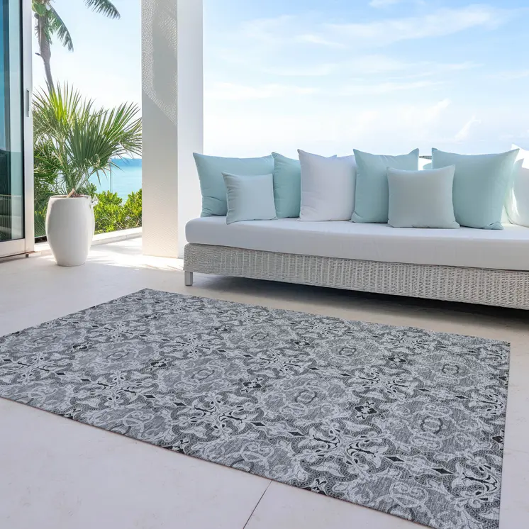 3' X 5' Gray Silver And Charcoal Medallion Washable Indoor Outdoor Area Rug