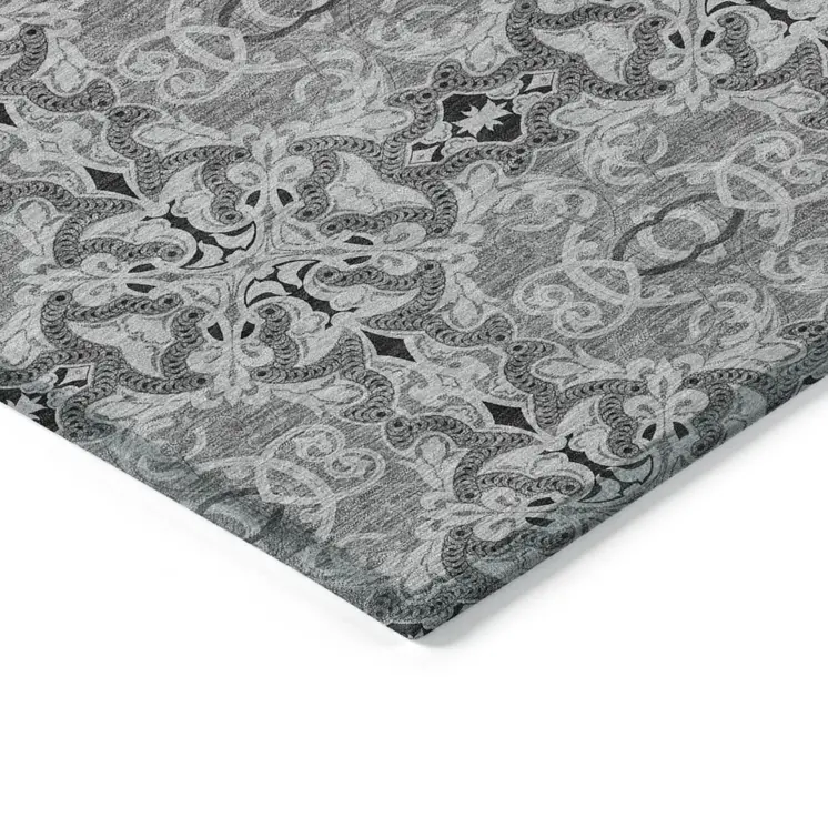 3' X 5' Gray Silver And Charcoal Medallion Washable Indoor Outdoor Area Rug