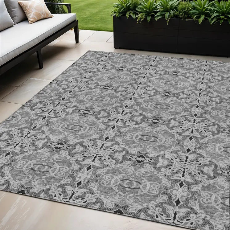 5' X 8' Gray Silver And Charcoal Medallion Washable Indoor Outdoor Area Rug