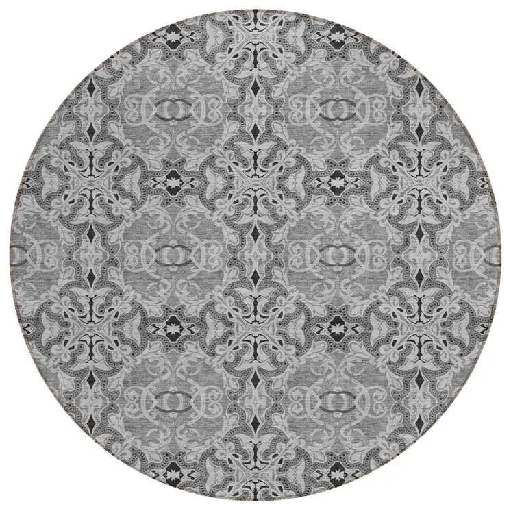 8' Gray Silver And Charcoal Round Medallion Washable Indoor Outdoor Area Rug
