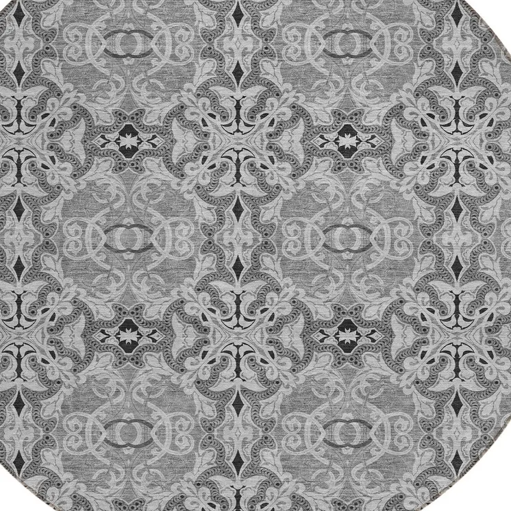 8' Gray Silver And Charcoal Round Medallion Washable Indoor Outdoor Area Rug