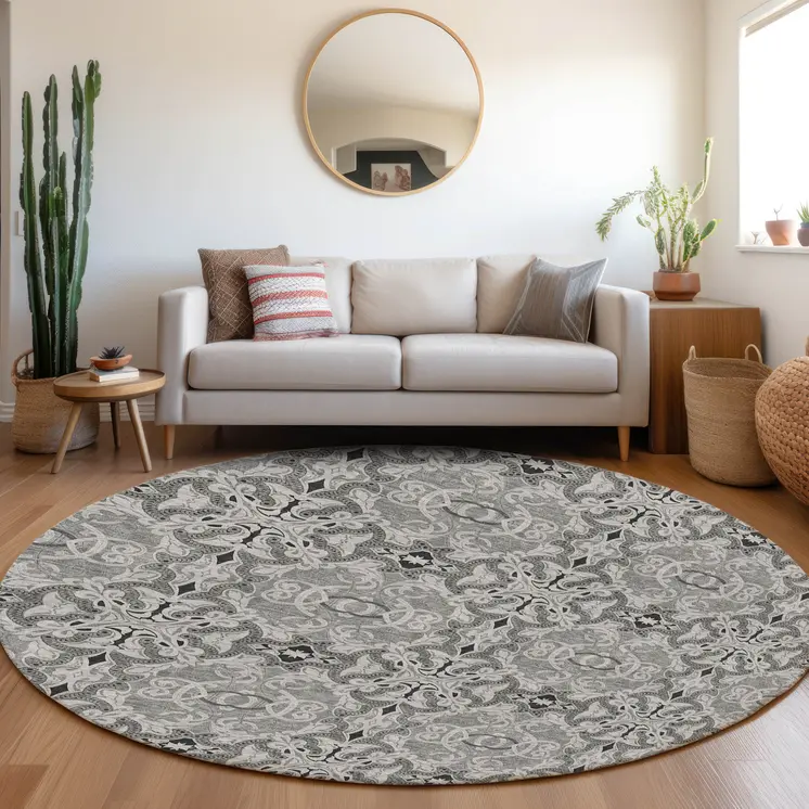 8' Gray Silver And Charcoal Round Medallion Washable Indoor Outdoor Area Rug