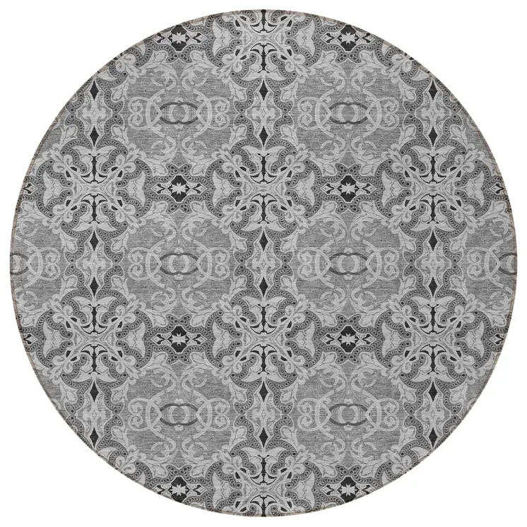 8' Gray Silver And Charcoal Round Medallion Washable Indoor Outdoor Area Rug