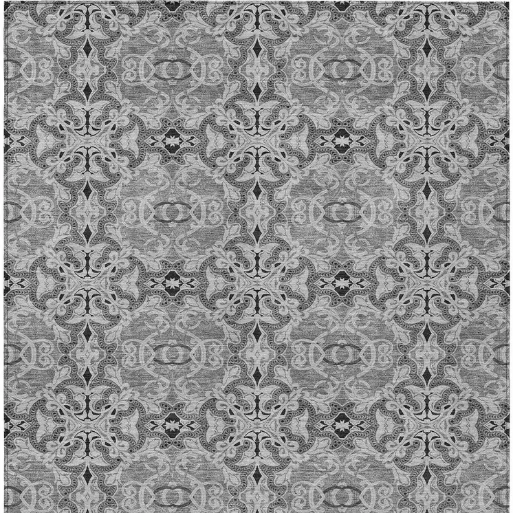 9' X 12' Gray Silver And Charcoal Medallion Washable Indoor Outdoor Area Rug