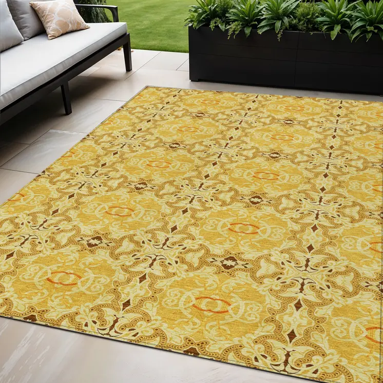 5' X 8' Orange Copper And Gold Medallion Washable Indoor Outdoor Area Rug