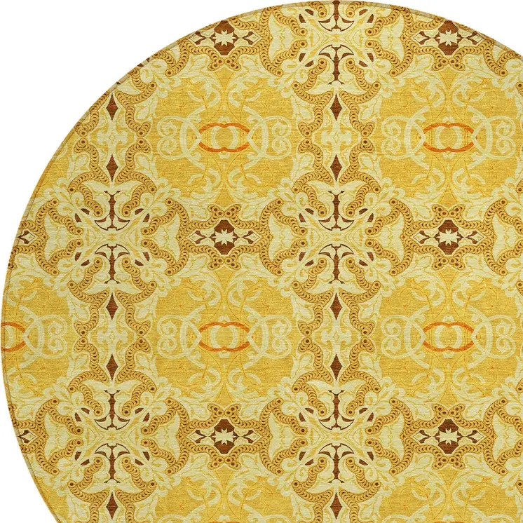 8' Orange Copper And Gold Round Medallion Washable Indoor Outdoor Area Rug