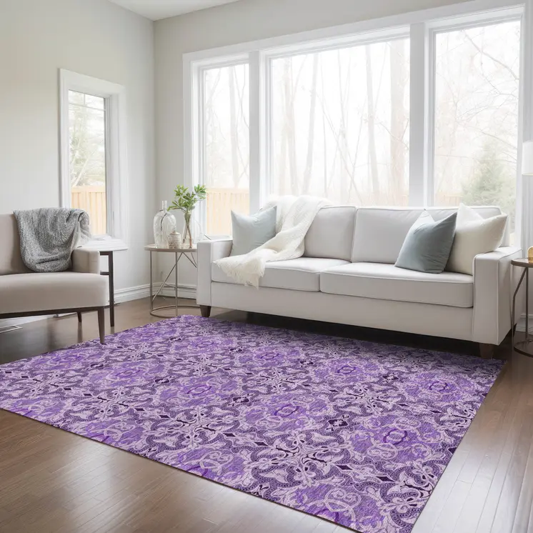3' X 5' Purple And Lavender Medallion Washable Indoor Outdoor Area Rug