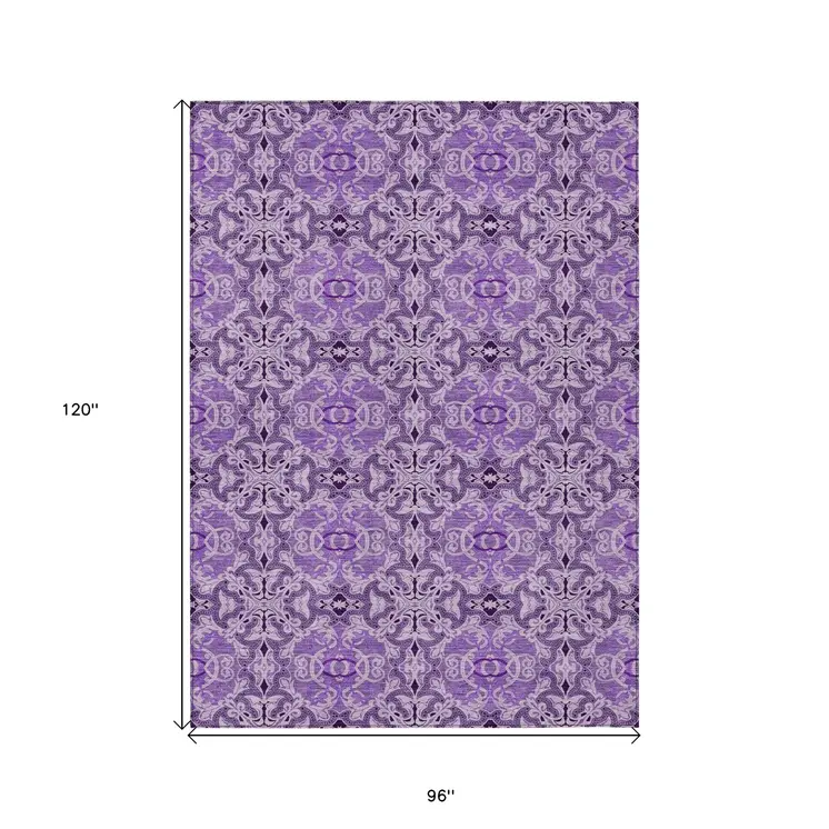 8' X 10' Purple And Lavender Medallion Washable Indoor Outdoor Area Rug