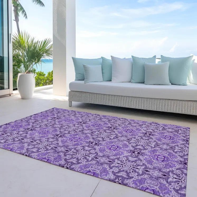 9' X 12' Purple And Lavender Medallion Washable Indoor Outdoor Area Rug