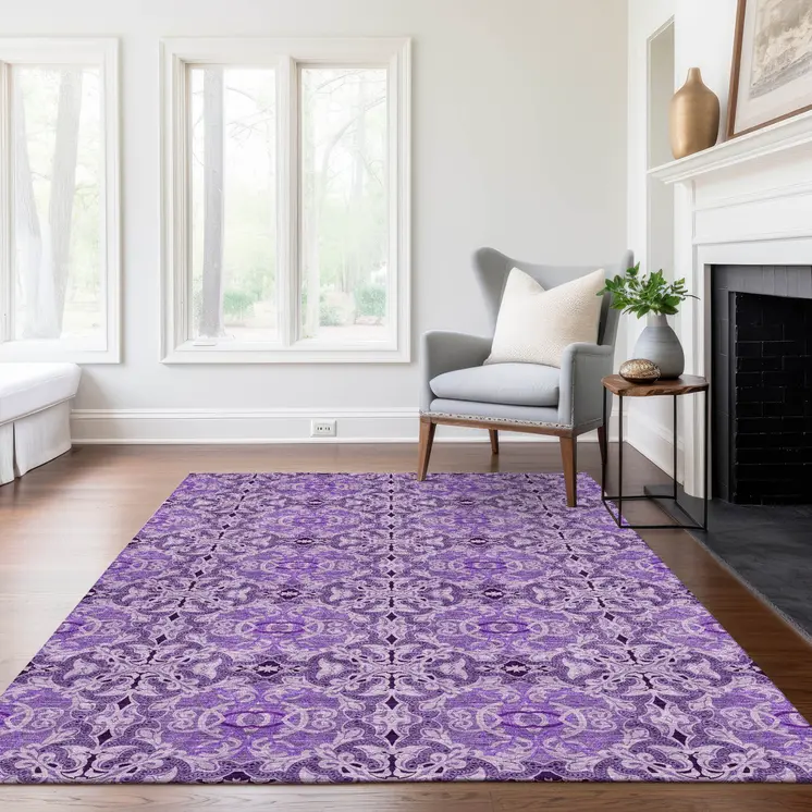 9' X 12' Purple And Lavender Medallion Washable Indoor Outdoor Area Rug