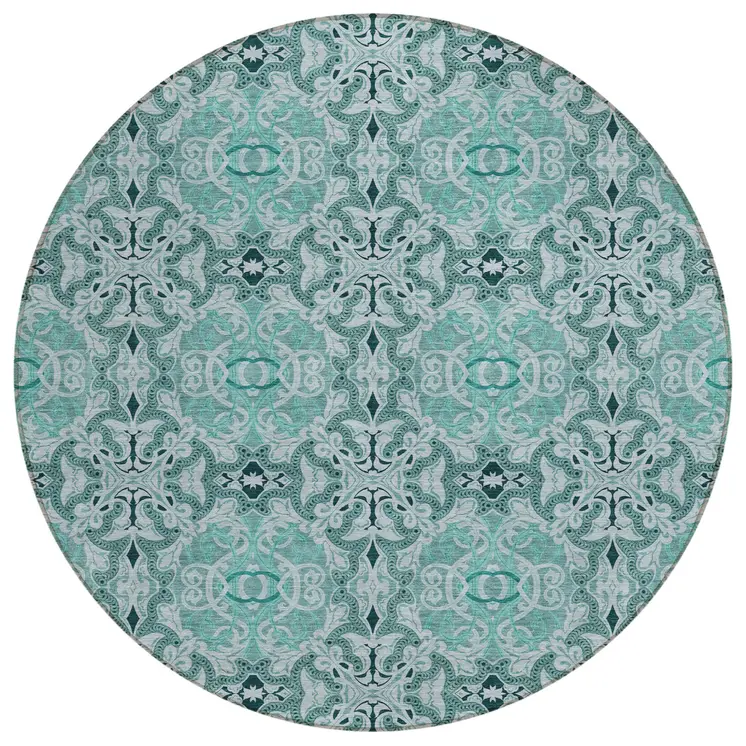 8' Teal Blue And Aqua Round Medallion Washable Indoor Outdoor Area Rug