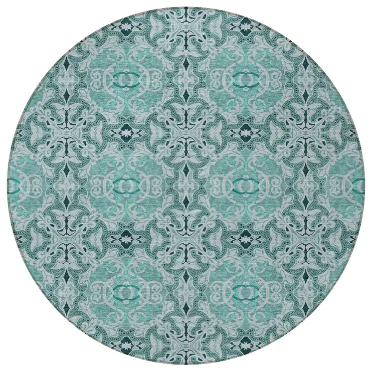 8' Teal Blue And Aqua Round Medallion Washable Indoor Outdoor Area Rug