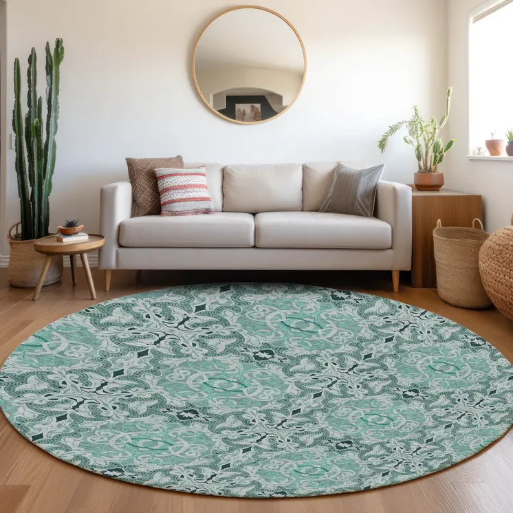 8' Teal Blue And Aqua Round Medallion Washable Indoor Outdoor Area Rug