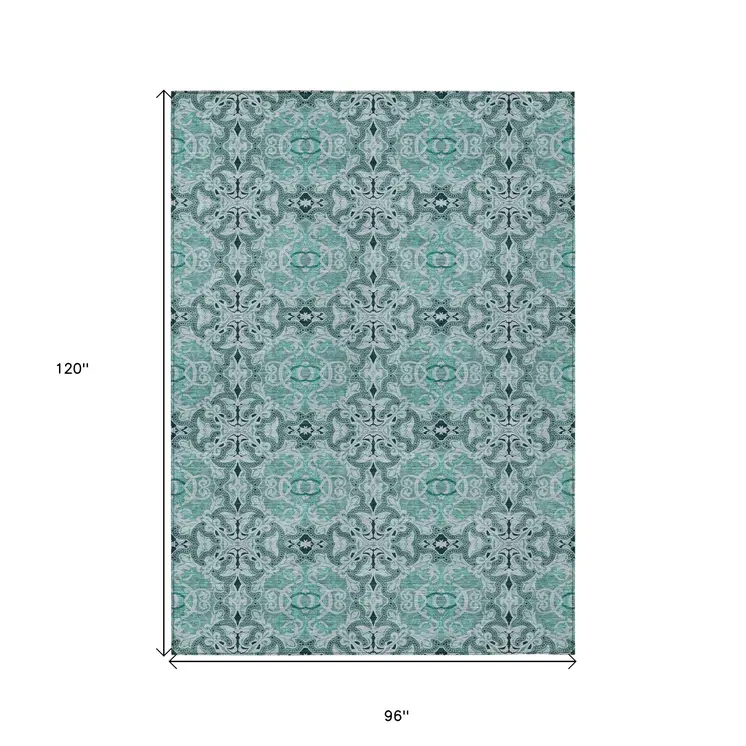 8' X 10' Teal Blue And Aqua Medallion Washable Indoor Outdoor Area Rug