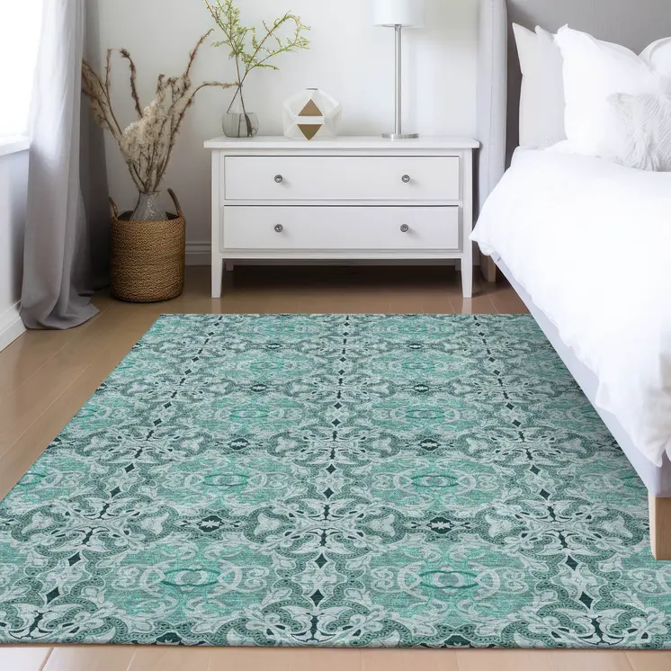8' X 10' Teal Blue And Aqua Medallion Washable Indoor Outdoor Area Rug