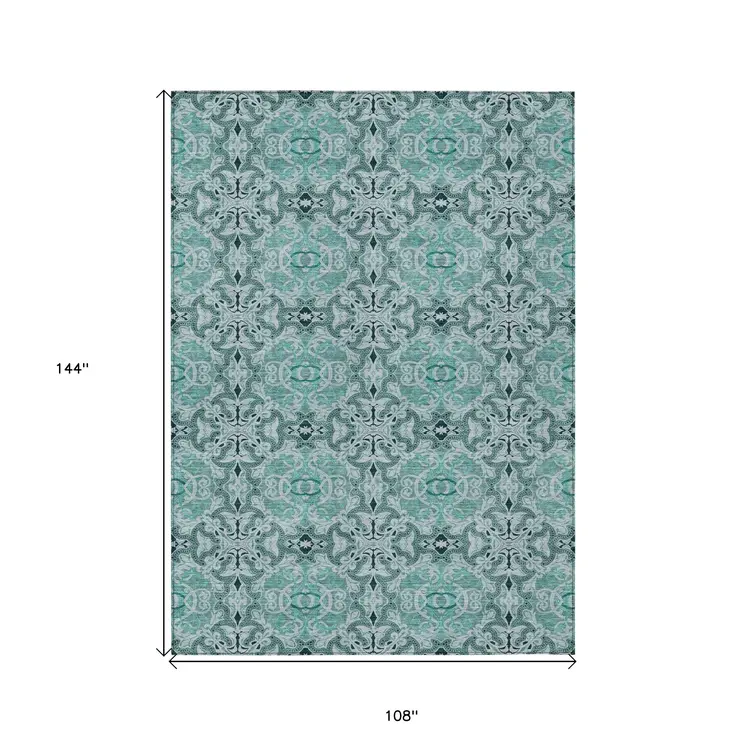 9' X 12' Teal Blue And Aqua Medallion Washable Indoor Outdoor Area Rug