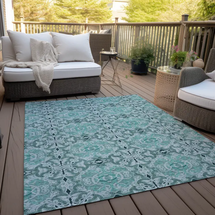 9' X 12' Teal Blue And Aqua Medallion Washable Indoor Outdoor Area Rug