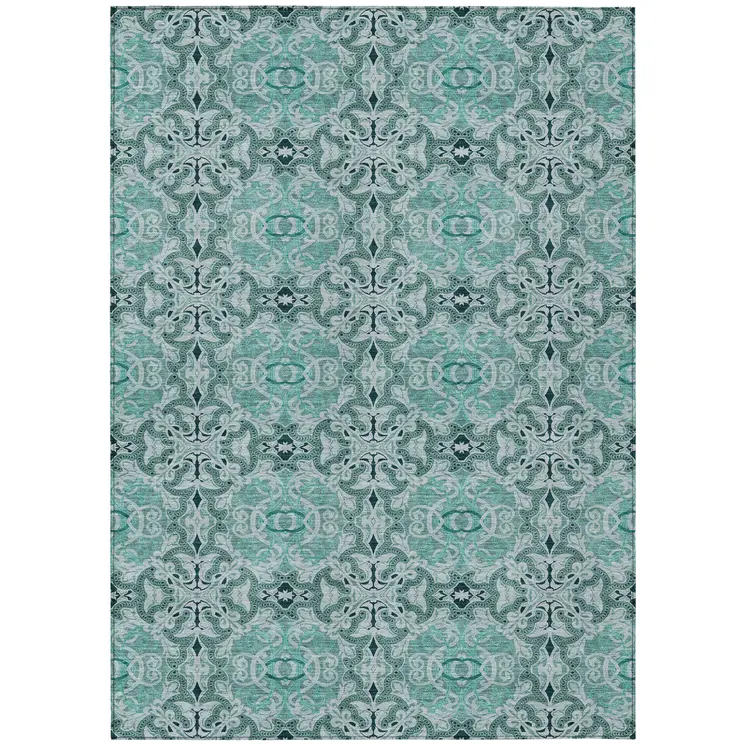 9' X 12' Teal Blue And Aqua Medallion Washable Indoor Outdoor Area Rug