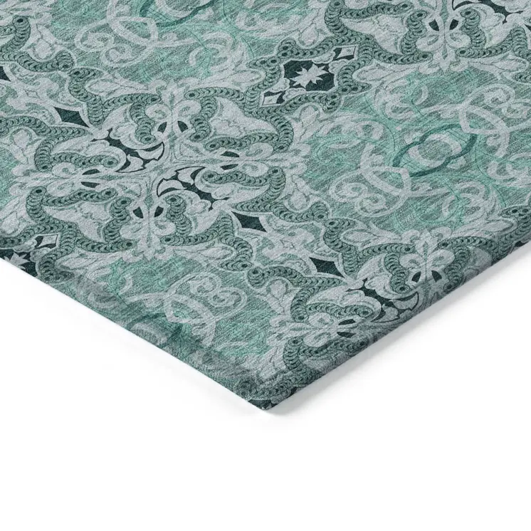 9' X 12' Teal Blue And Aqua Medallion Washable Indoor Outdoor Area Rug