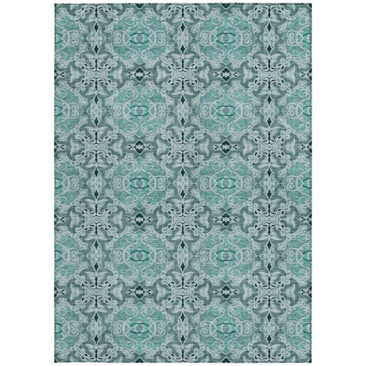 9' X 12' Teal Blue And Aqua Medallion Washable Indoor Outdoor Area Rug