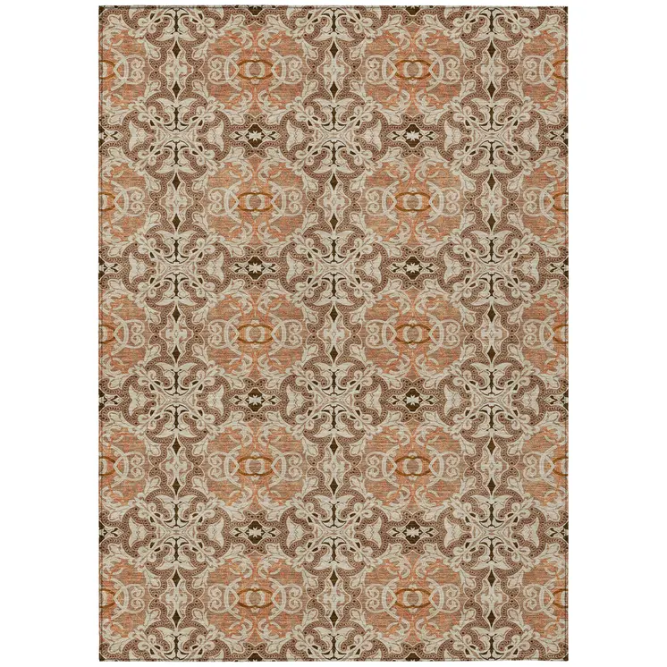 3' X 5' Terra Cotta Copper And Beige Medallion Washable Indoor Outdoor Area Rug