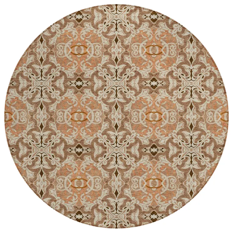 8' Terra Cotta Copper And Beige Round Medallion Washable Indoor Outdoor Area Rug