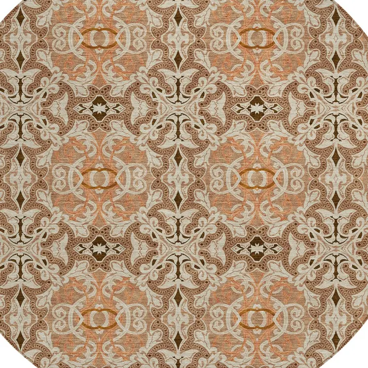 8' Terra Cotta Copper And Beige Round Medallion Washable Indoor Outdoor Area Rug