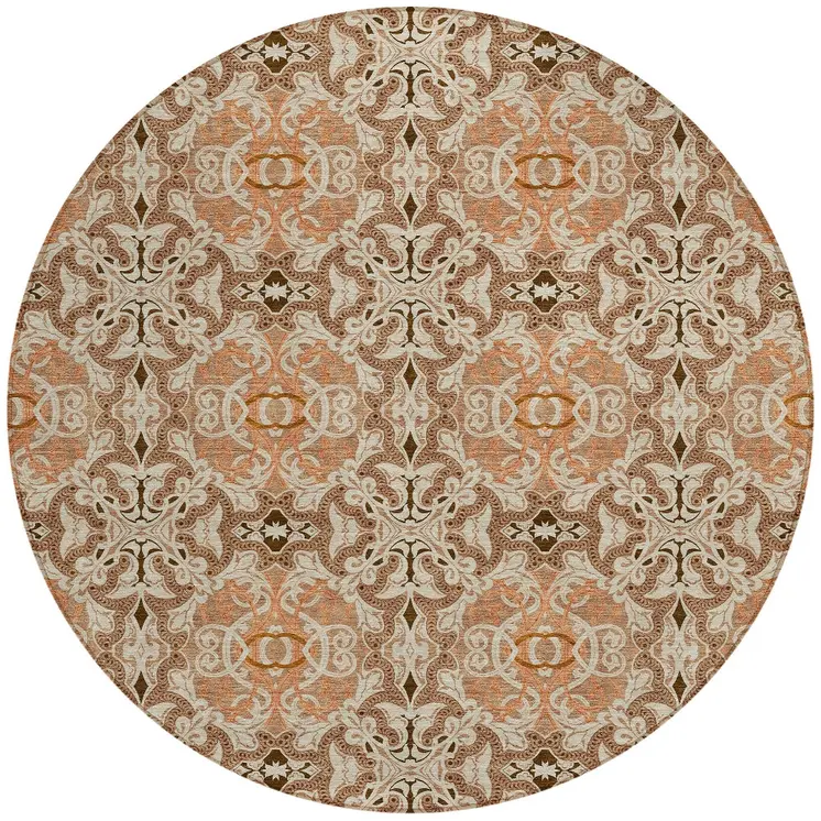 8' Terra Cotta Copper And Beige Round Medallion Washable Indoor Outdoor Area Rug
