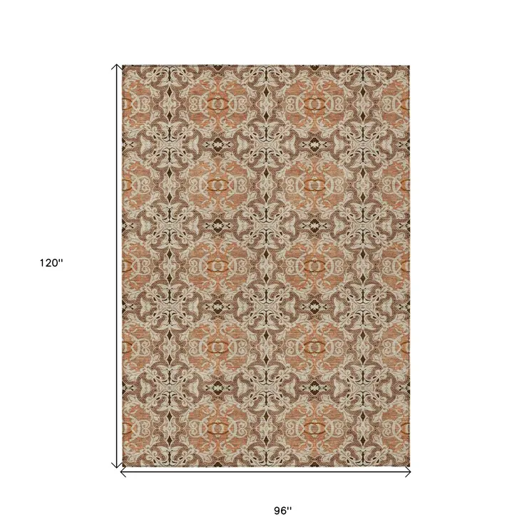 8' X 10' Terra Cotta Copper And Beige Medallion Washable Indoor Outdoor Area Rug