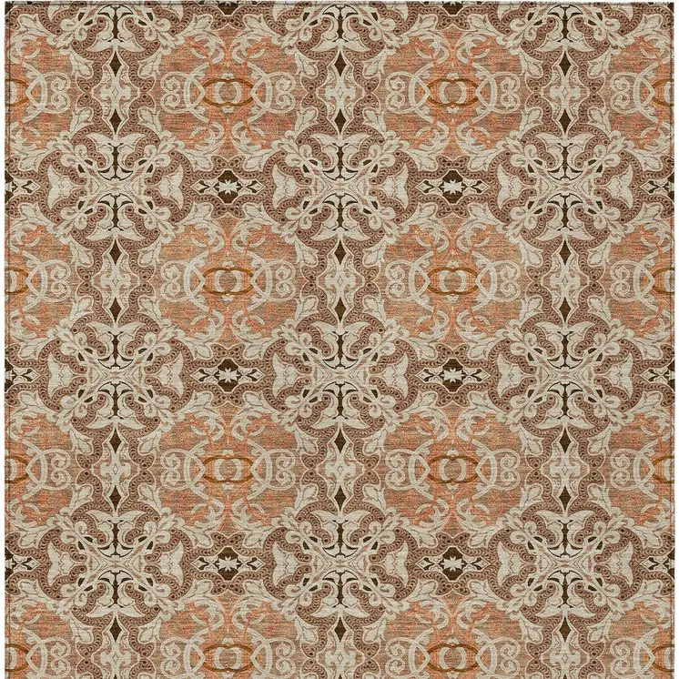 9' X 12' Terra Cotta Copper And Beige Medallion Washable Indoor Outdoor Area Rug