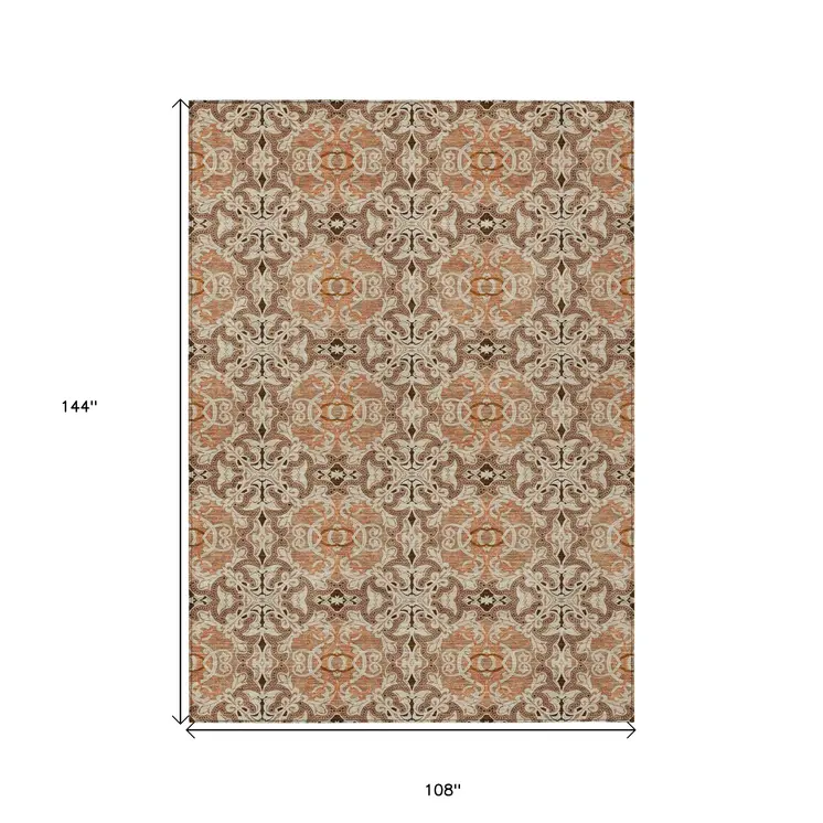 9' X 12' Terra Cotta Copper And Beige Medallion Washable Indoor Outdoor Area Rug