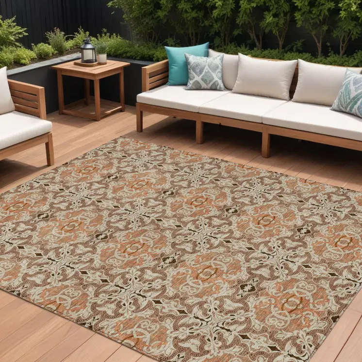 9' X 12' Terra Cotta Copper And Beige Medallion Washable Indoor Outdoor Area Rug