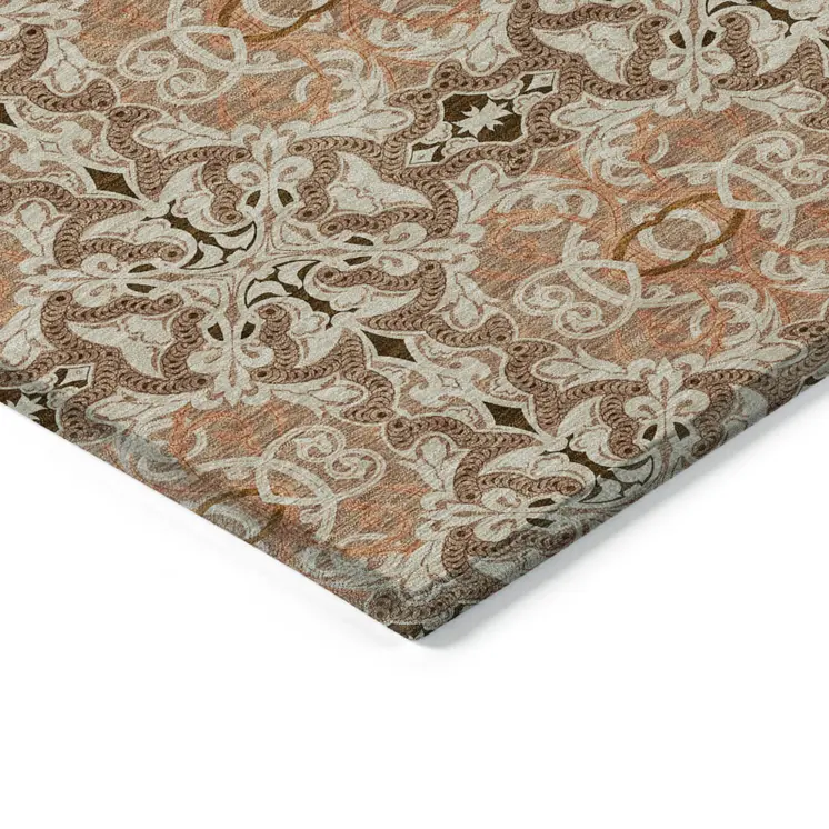 9' X 12' Terra Cotta Copper And Beige Medallion Washable Indoor Outdoor Area Rug