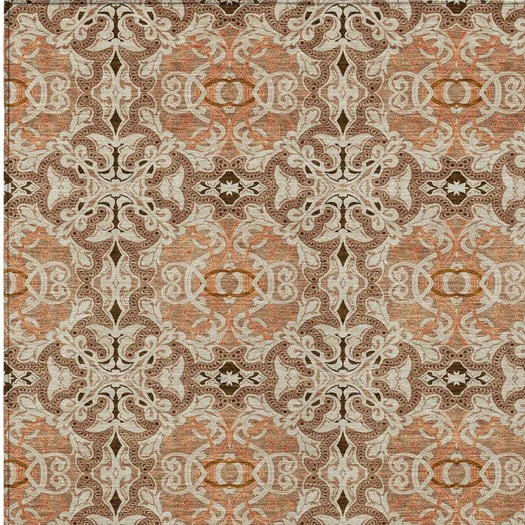 9' X 12' Terra Cotta Copper And Beige Medallion Washable Indoor Outdoor Area Rug