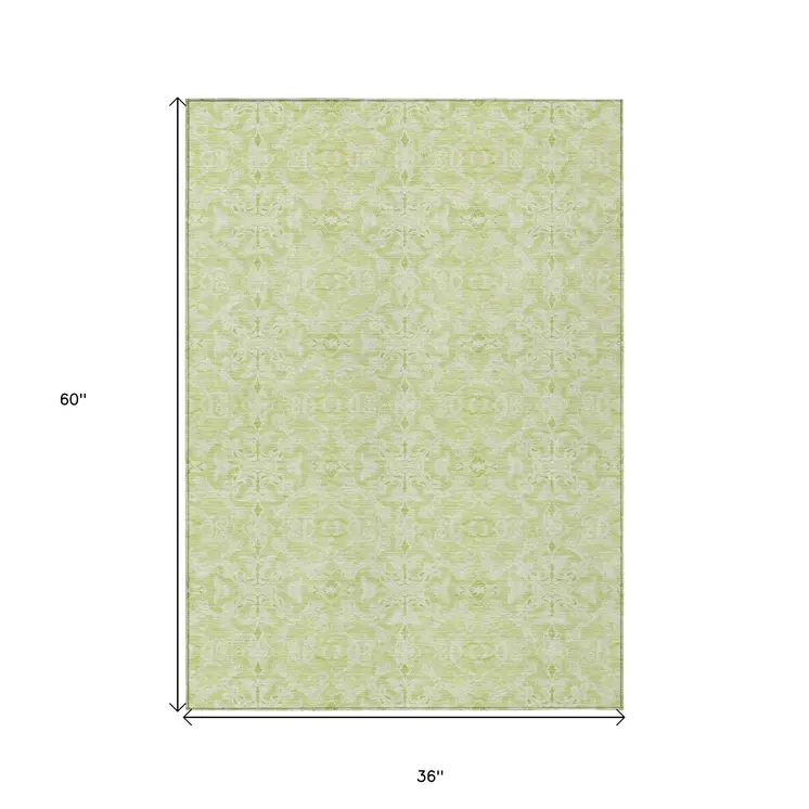3' X 5' Artichoke Green And Green Medallion Washable Indoor Outdoor Area Rug